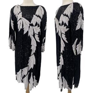 Vintage 80s Silk Beaded Sequined Evening Dress Asymmetric Black White Womens L